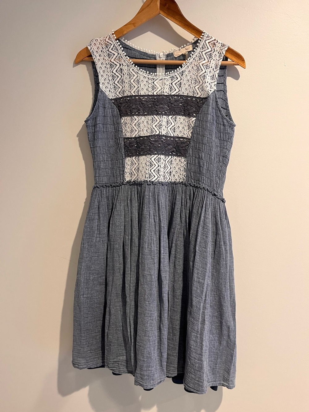 Ryu Anthro Chambray Sleeveless Dress LARGE Blue Lace Cottage